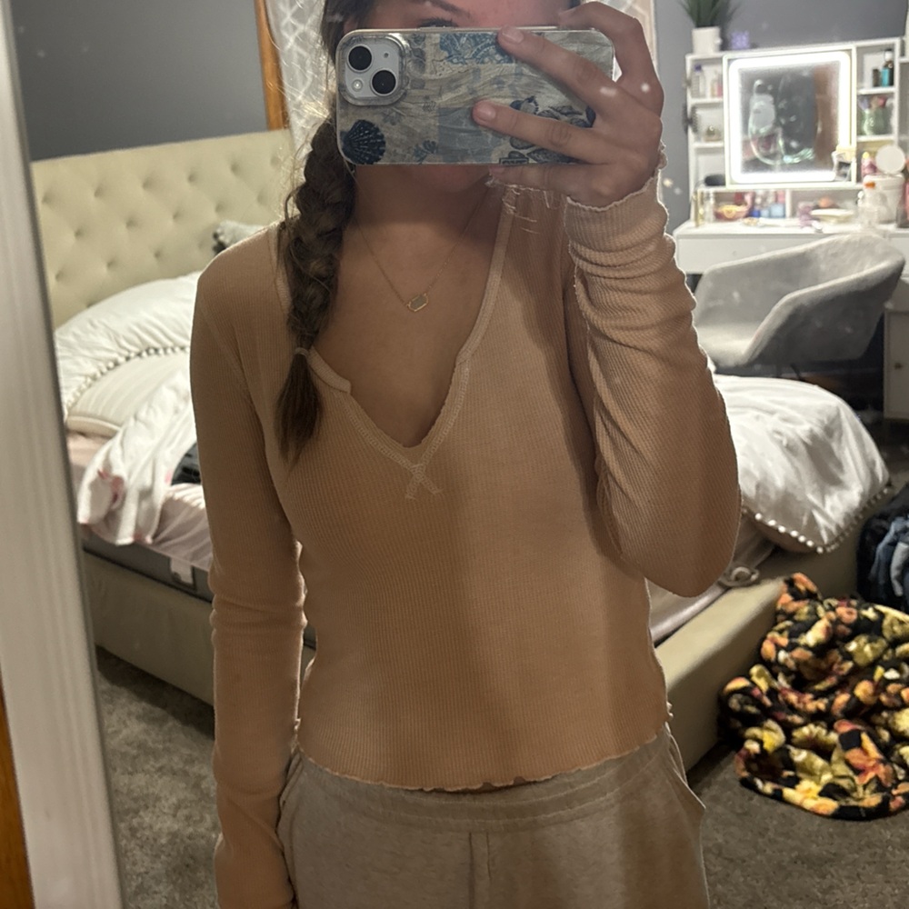 American Eagle Outfitters Beige Ribbed Blouse